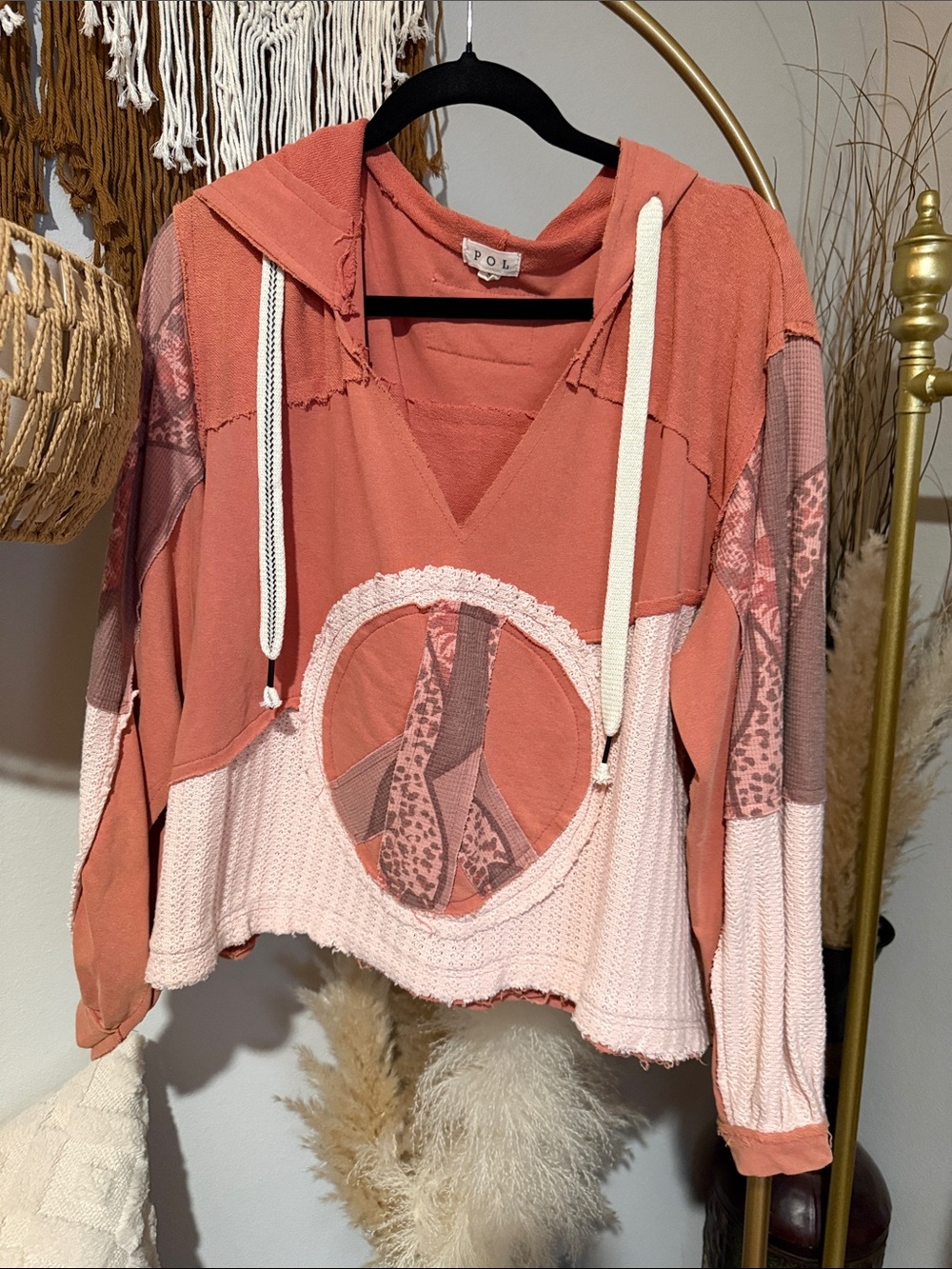 POL Coral & Blush Patchwork Peace Hoodie - Picture 1 of 5
